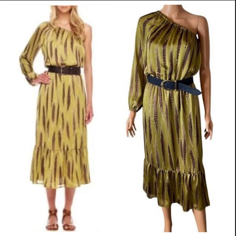 Michael Kors Tarragon Peasant One Shoulder MIDI Dress XSMALL